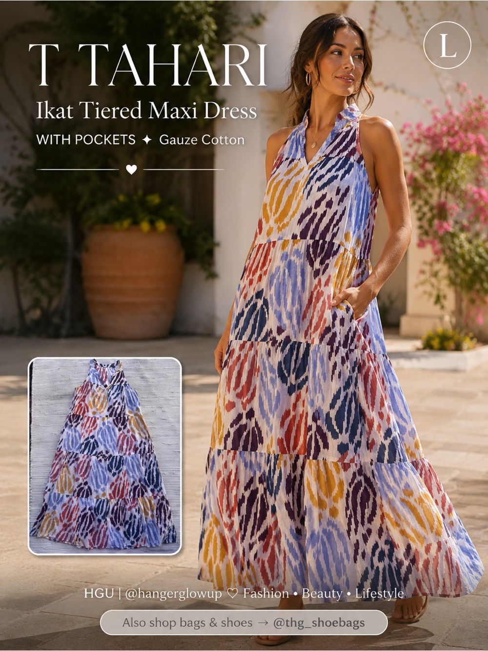 T Tahari Ikat Tiered Maxi Dress L Cotton Gauze Pockets Sleeveless Boho